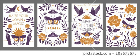 Boho posters. Swallow birds, magic bohemian vibe, butterfly and flowers, mysterious ornament for inspiration, motivation posters. Nature garden print. Hand hold rose. Vector illustration Boho posters. Swallow birds, magic bohemian vibe, butterfly and flowers, mysterious ornament for inspiration, motivation posters. Nature garden print. Hand hold rose. Vector illustration 108675673