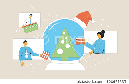 Christmas online. Friends videoconferencing to exchange gifts. Christmas online. Friends videoconferencing to exchange gifts. 108675885