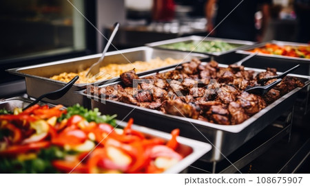 Catering buffet food indoor in restaurant with grilled meat. Catering buffet food indoor in restaurant with grilled meat. 108675907