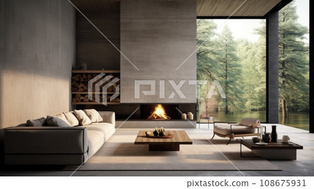Minimalist interior style of modern living room with sofa, fireplace and concrete walls Minimalist interior style of modern living room with sofa, fireplace and concrete walls 108675931