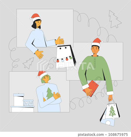 Three friends videoconferencing to exchange holiday gifts. 108675975
