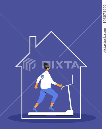 Runner on treadmill at home. Jogger. Young woman wearing in sports clothses doing cardio. 108675992
