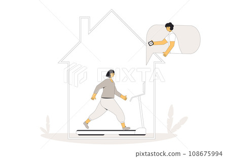 Online workout with coach. Runner on treadmill at home. 108675994
