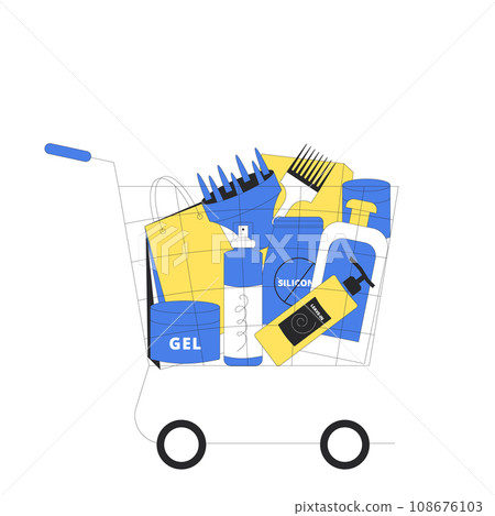 Shopping cart with cosmetics, tools and accessories for curly girl method 108676103