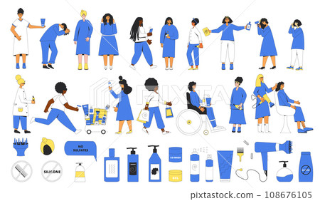 Illustration of women with types of curly hair, cosmetics, tools and accessories for curly girl method. Illustration of women with types of curly hair, cosmetics, tools and accessories for curly girl method. 108676105