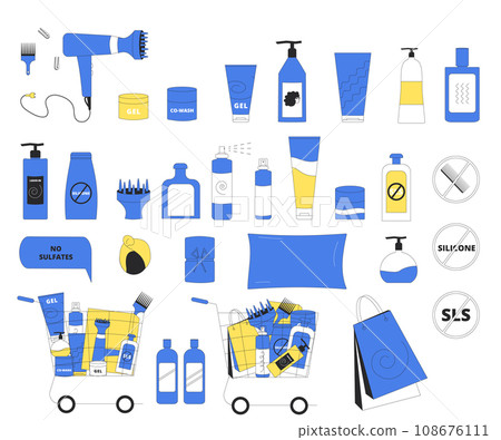 Illustration of cosmetics, tools and accessories for curly girl method. 108676111