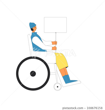 Young wheelchair woman holding blank banner. 108676158