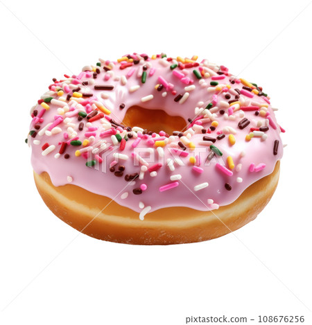 a donut decorated with pink icing with sprinkles, isolated 108676256