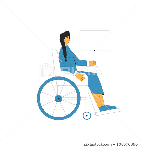 Young wheelchair woman holding blank banner. 108676366