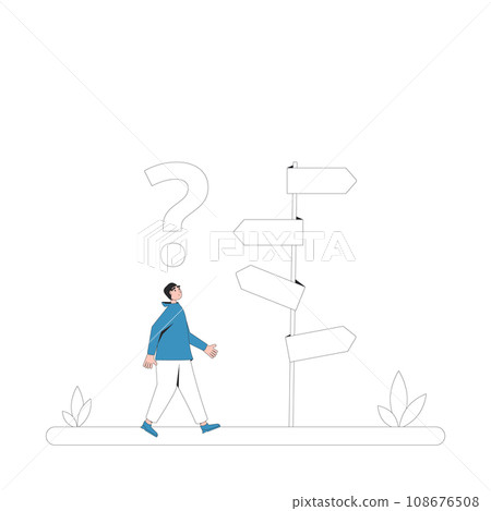 Thoughtful man standing at signpost. Decision. Choose the right way. Thoughtful man standing at signpost. Decision. Choose the right way. 108676508