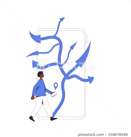Young man standing at crossroads on phone screen. Decision. Choose the right way. 108676690