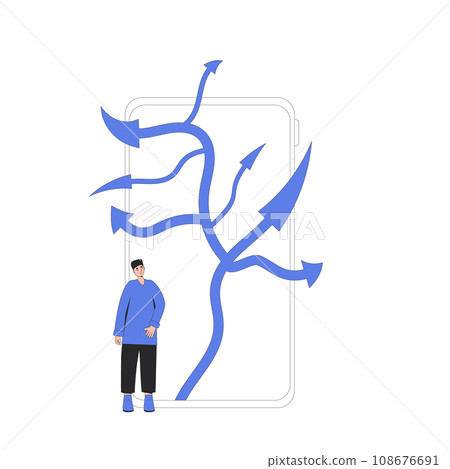 Young man standing at crossroads on phone screen. Decision. Choose the right way. Young man standing at crossroads on phone screen. Decision. Choose the right way. 108676691