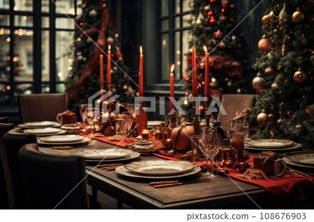 christmas dining table setting in a house with a christmas tree 108676903