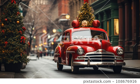 A retro car with a Christmas tree on top is driving down the street 108676916