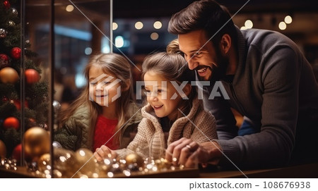 happy family buying gifts in christmas store 108676938