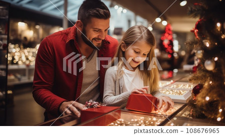happy family buying gifts in christmas store happy family buying gifts in christmas store 108676965
