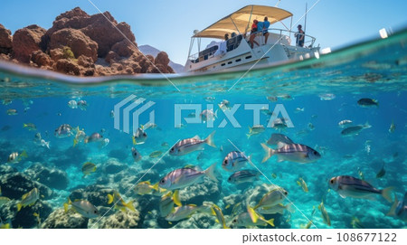 people from a yacht look at colorful fish in the red sea people from a yacht look at colorful fish in the red sea 108677122