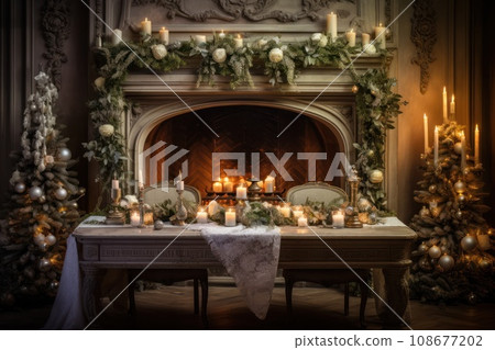 a christmas table with fireplace in the room 108677202