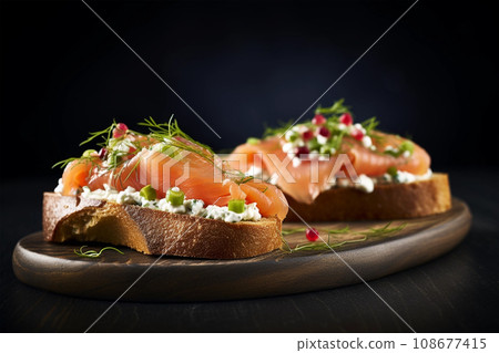 Salmon bruschetta or canapes with microgreen 108677415
