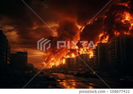 A huge fire cloud in big city covering the sky 108677422