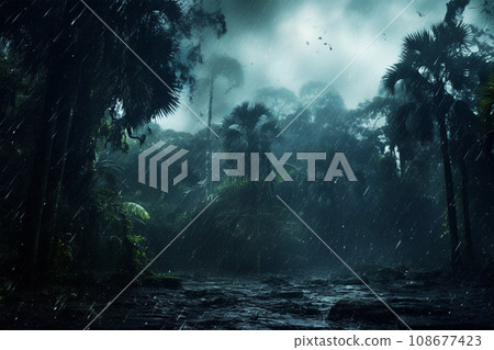 Snowstorm in rainy forest in unusually cold weather 108677423