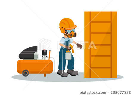 Male carpenter painting a wooden door with a paint gun and a compressor with industrial safety equipment Male carpenter painting a wooden door with a paint gun and a compressor with industrial safety equipment 108677528