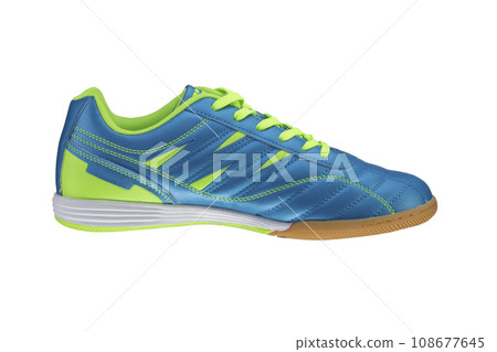 Blue sneaker with green stripes on a white background. Sport shoes. Blue sneaker with green stripes on a white background. Sport shoes. 108677645