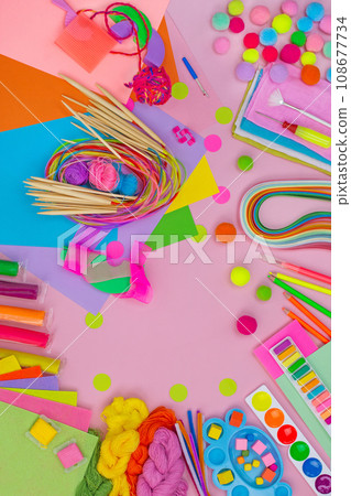 Top view of art stationery for beginners in bright colorful colors. Background with copy creativity space. 108677734