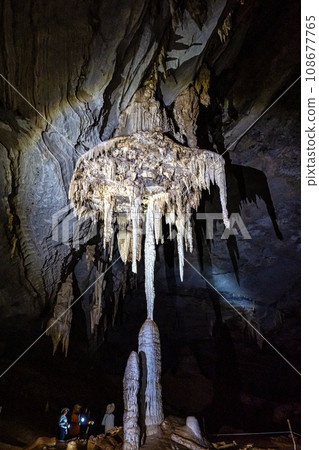 Limestone cave of stalactite and stalagmite formations, Gruta da Lapa Doce Cave, Chapada Diamantina in Bahia, Brazil. 108677765