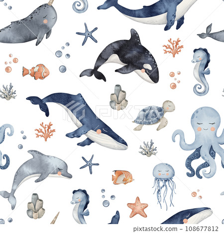 Underwater Animals seamless pattern. Cute undersea endless line with whale, orca, octopus, seahorse, jellyfish, turtle, clownfish, shells, algae, corals and bubbles. Hand drawn watercolor illustration Underwater Animals seamless pattern. Cute undersea endless line with whale, orca, octopus, seahorse, jellyfish, turtle, clownfish, shells, algae, corals and bubbles. Hand drawn watercolor illustration 108677812