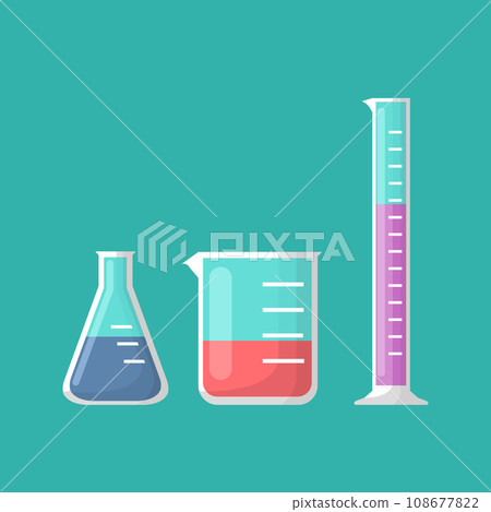 Chemical laboratory equipment, Erlenmeyer flask, beaker and test tube vector 108677822