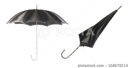 Two black umbrellas on a white background. Umbrella opening step. 108678514