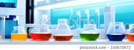 Many different drugs in pills, tablets and syringe in packages and laboratory bottles and flasks. Panoramic Banner for pharmaceutical and healthcare and drug research labs. Sport nutrition concept. AI 108678672