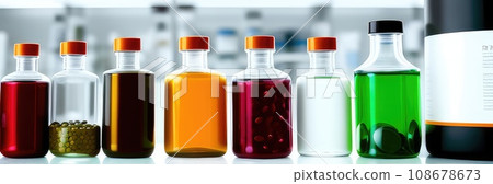 Many different drugs in pills, tablets and syringe in packages and laboratory bottles and flasks. Panoramic Banner for pharmaceutical and healthcare and drug research labs. Sport nutrition concept. AI 108678673