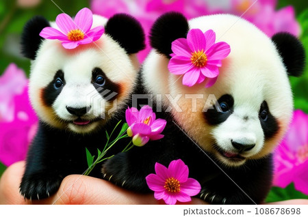 Two fairy tiny cute baby panda with colorful flowers in her hands can hardly stand the flowers. AI 108678698
