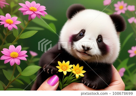 tiny cute baby panda with colorful flowers in her hands can hardly stand the flowers. AI 108678699