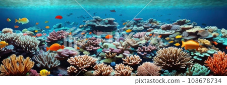 underwater coral reef landscape wide panorama background in the deep blue ocean with colorful fish and marine life . Banner. AI 108678734