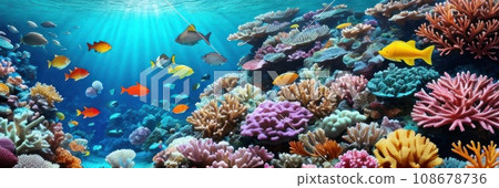 underwater coral reef landscape wide panorama background in the deep blue ocean with colorful fish and marine life . Banner. AI 108678736