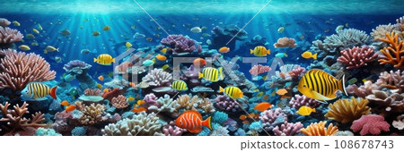 underwater coral reef landscape wide panorama background in the deep blue ocean with colorful fish and marine life . Banner. AI 108678743