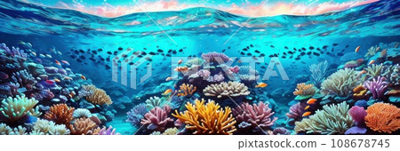 underwater coral reef landscape wide panorama background in the deep blue ocean with colorful fish and marine life . Banner. AI 108678745