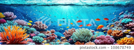 underwater coral reef landscape wide panorama background in the deep blue ocean with colorful fish and marine life . Banner. AI 108678749