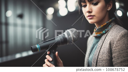 Close up businesswoman speaker hand holding High quality dynamic microphone and singing song or speaking talking with people. Male testing microphone voice for interview. AI 108678752
