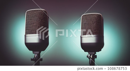 Podcast microphone on a tripod, a black metal dynamic microphone in recording studio background, for recording podcast or radio program, show, sound and audio equipment, technology, product photo. AI 108678753