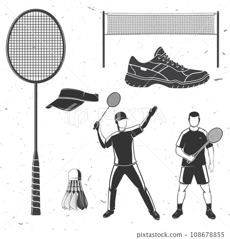 Set of badminton equipment icon silhouette. Set include rackets, shuttlecock, badminton player, sport shoes and sport net silhouette. Vector illustration Set of badminton equipment icon silhouette. Set include rackets, shuttlecock, badminton player, sport shoes and sport net silhouette. Vector illustration 108678855