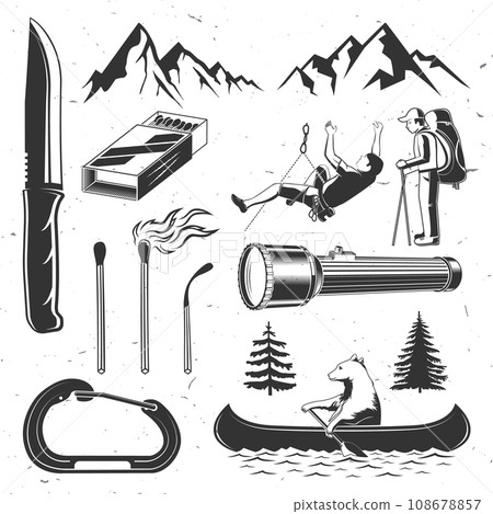 Set of outdoor adventure icon silhouette. Vector. Set include forest pine tree, hiker, climber, matches stick, bear in canoe, carbine, camping flashlight, camping knives and mountain silhouette Set of outdoor adventure icon silhouette. Vector. Set include forest pine tree, hiker, climber, matches stick, bear in canoe, carbine, camping flashlight, camping knives and mountain silhouette 108678857