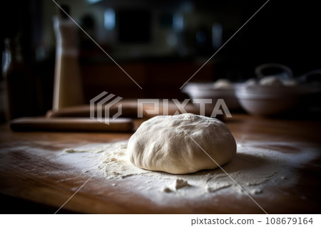 Ball of raw yeast baking dough with white wheat flour on wooden table 108679164
