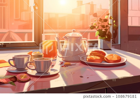 Healthy breakfast with a bun, juice, berries and coffee. Pastries, desserts, food concept Healthy breakfast with a bun, juice, berries and coffee. Pastries, desserts, food concept 108679181