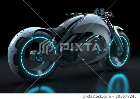 Futuristic motorcycle with neon blue lights on black background - the vehicle of the future concept 108679243