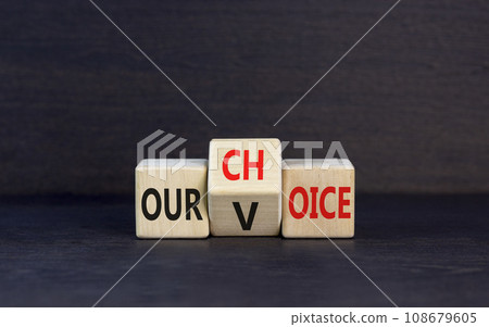 Our voice choice symbol. Businessman turns wooden cube and changes concept word Our choice to Our voice. Beautiful black table black background, copy space. Business and our voice choice concept Our voice choice symbol. Businessman turns wooden cube and changes concept word Our choice to Our voice. Beautiful black table black background, copy space. Business and our voice choice concept 108679605