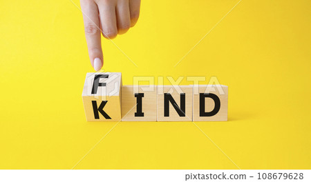 Fine and Kind symbol. Businessman points at wooden cubes with words Kind and Find. Beautiful yellow background. Business and Fine and Kind concept. Copy space. Fine and Kind symbol. Businessman points at wooden cubes with words Kind and Find. Beautiful yellow background. Business and Fine and Kind concept. Copy space. 108679628